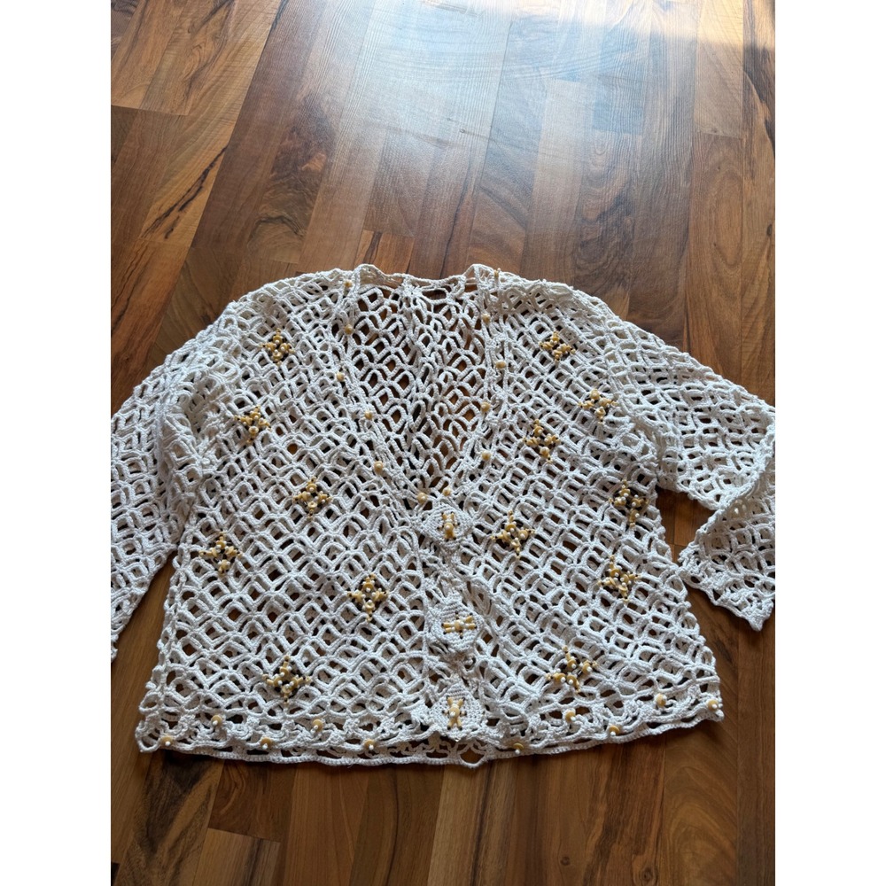 Unbranded Crochet Cardigan‎ Women OS Cream Beaded Boho Open Knit Sweater swim